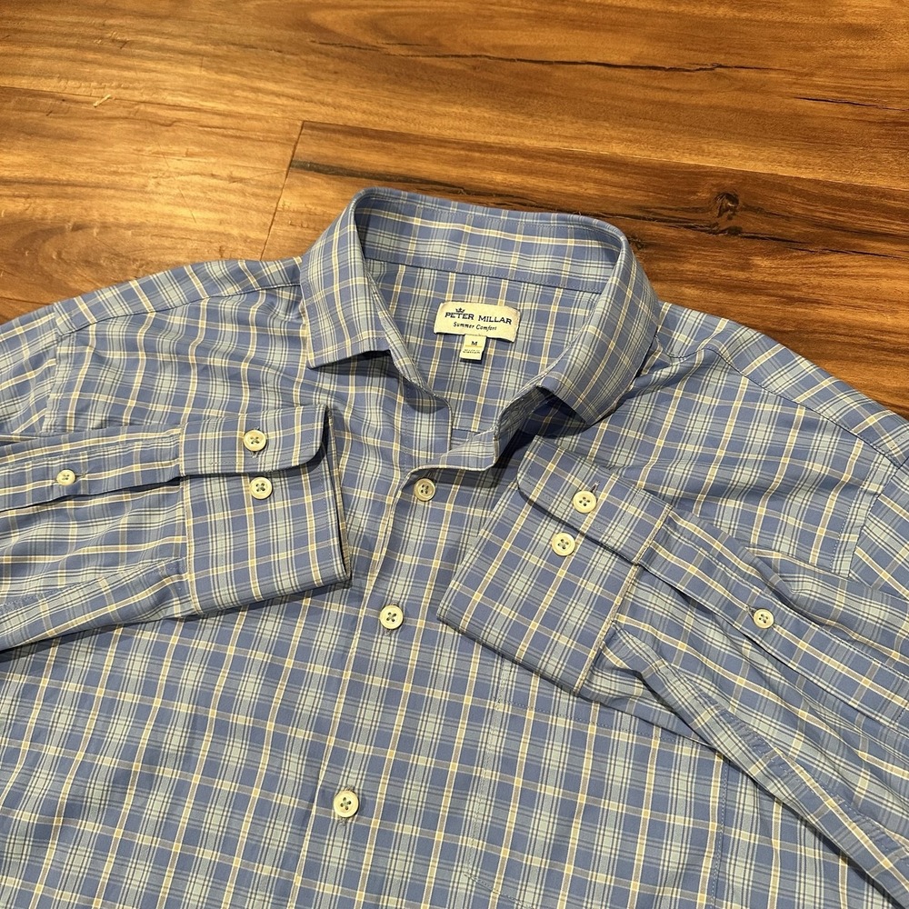 Peter Millar Shirt Mens Medium Blue Plaid Summer Comfort Long Sleeve Casual